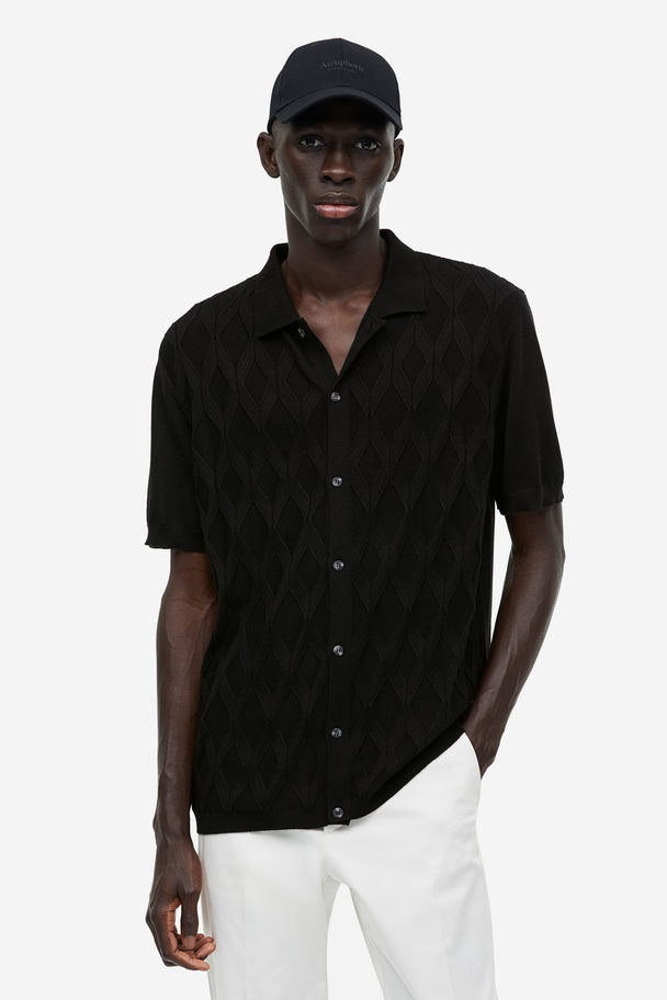 H&M Jacquardgebreid Overhemd - Regular Fit Zwart