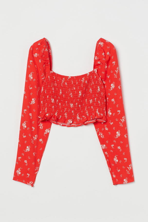 H&M Cropped Blouse Bright Red/white Floral