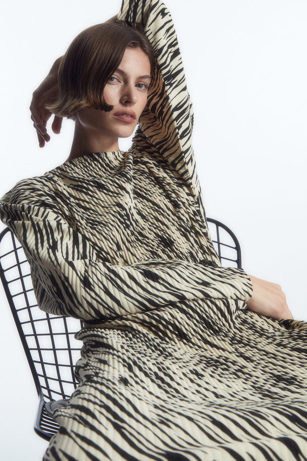 COS Pleated Midi Dress Beige / Zebra Print