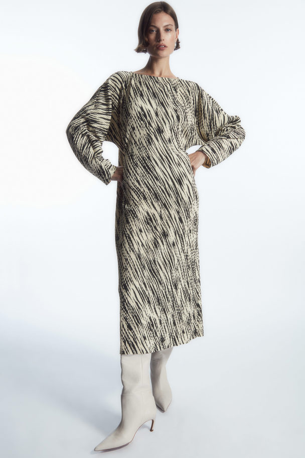 COS Pleated Midi Dress Beige / Zebra Print