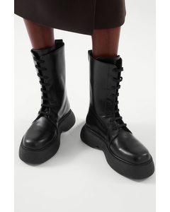 Chunky Lace-up Leather Boots Black