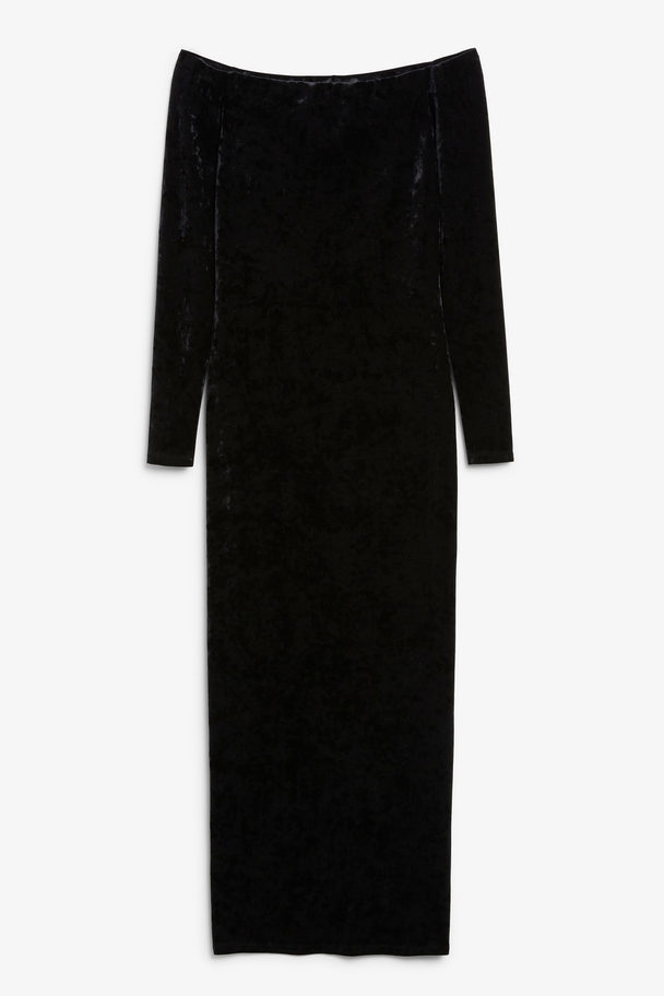 Monki Langes figurbetontes Off-Shoulder-Kleid aus schwarzem Samt Schwarz