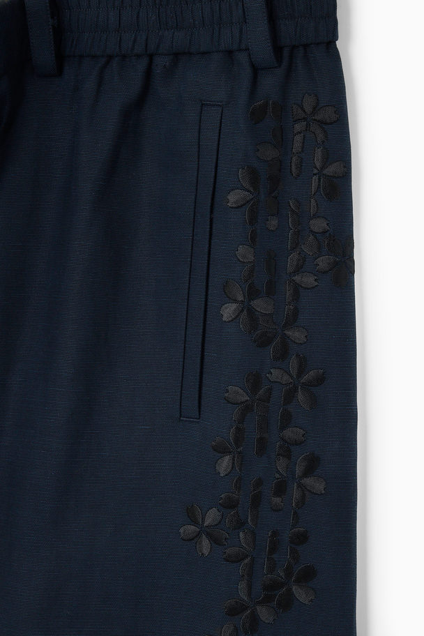 COS Floral Embroidered Tailored Trousers Navy Blue