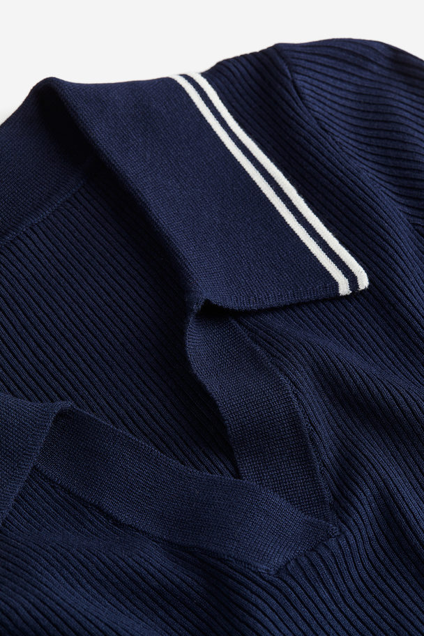 H&M Rib-knit Collared Top Dark Blue