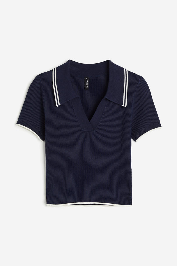 H&M Rib-knit Collared Top Dark Blue