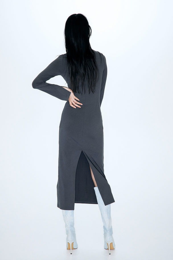 H&M Lång Bodycon-klänning I Trikå Mörkgrå
