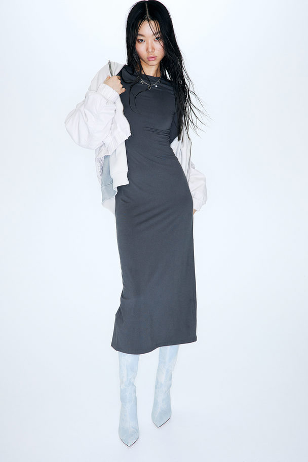 H&M Lång Bodycon-klänning I Trikå Mörkgrå