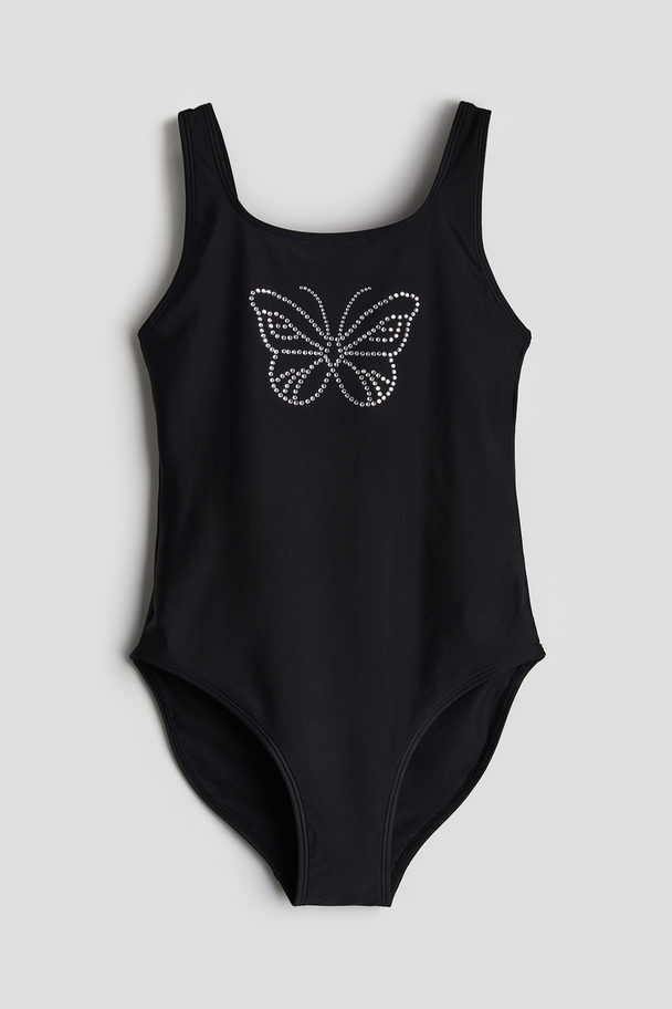 H&M Ribbed Swimsuit Black/butterfly