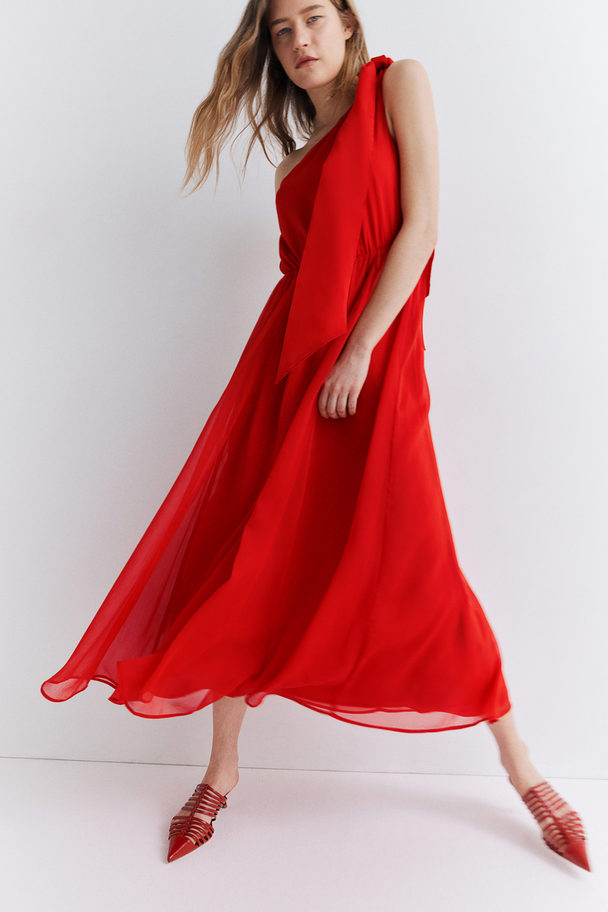 H&M Bow-detail One-shoulder Dress Bright Red