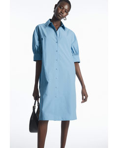 Gathered-sleeve Mini Shirt Dress Light Blue