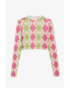 Argyle Long Sleeve Mesh Top Pink And Green