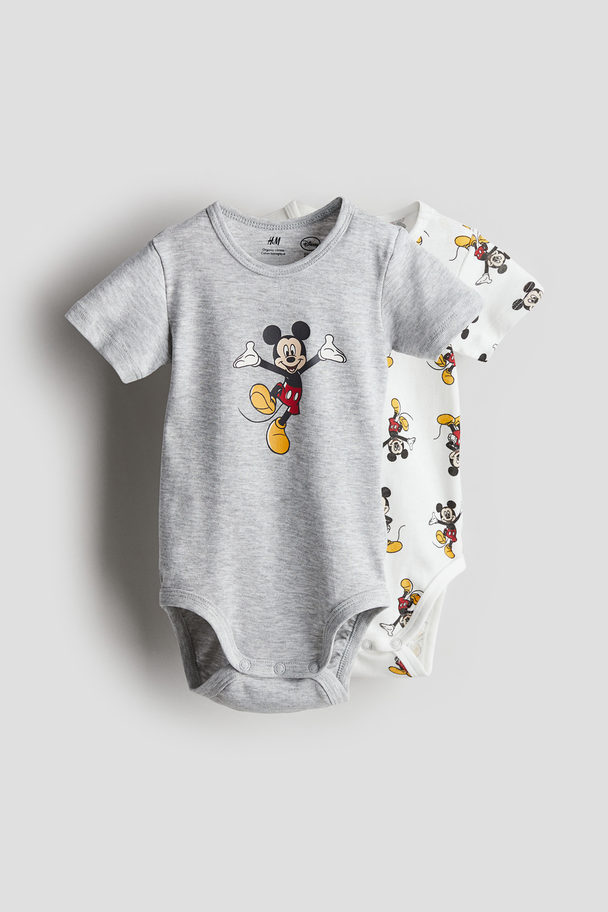 H&M 2-pack Cotton Jersey Bodysuits Light Grey/mickey Mouse