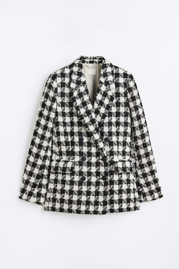 H&M Double-breasted Bouclé Blazer Black/dogtooth-patterned