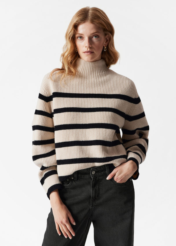 & Other Stories Mock Neck Merino Jumper Cream/black Stripes