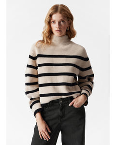 Mock Neck Merino Jumper Cream/black Stripes