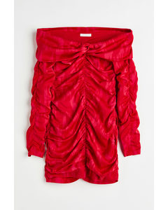 Off-Shoulder-Kleid mit Raffungen Rot/Gemustert