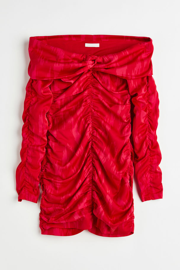H&M Off-Shoulder-Kleid mit Raffungen Rot/Gemustert
