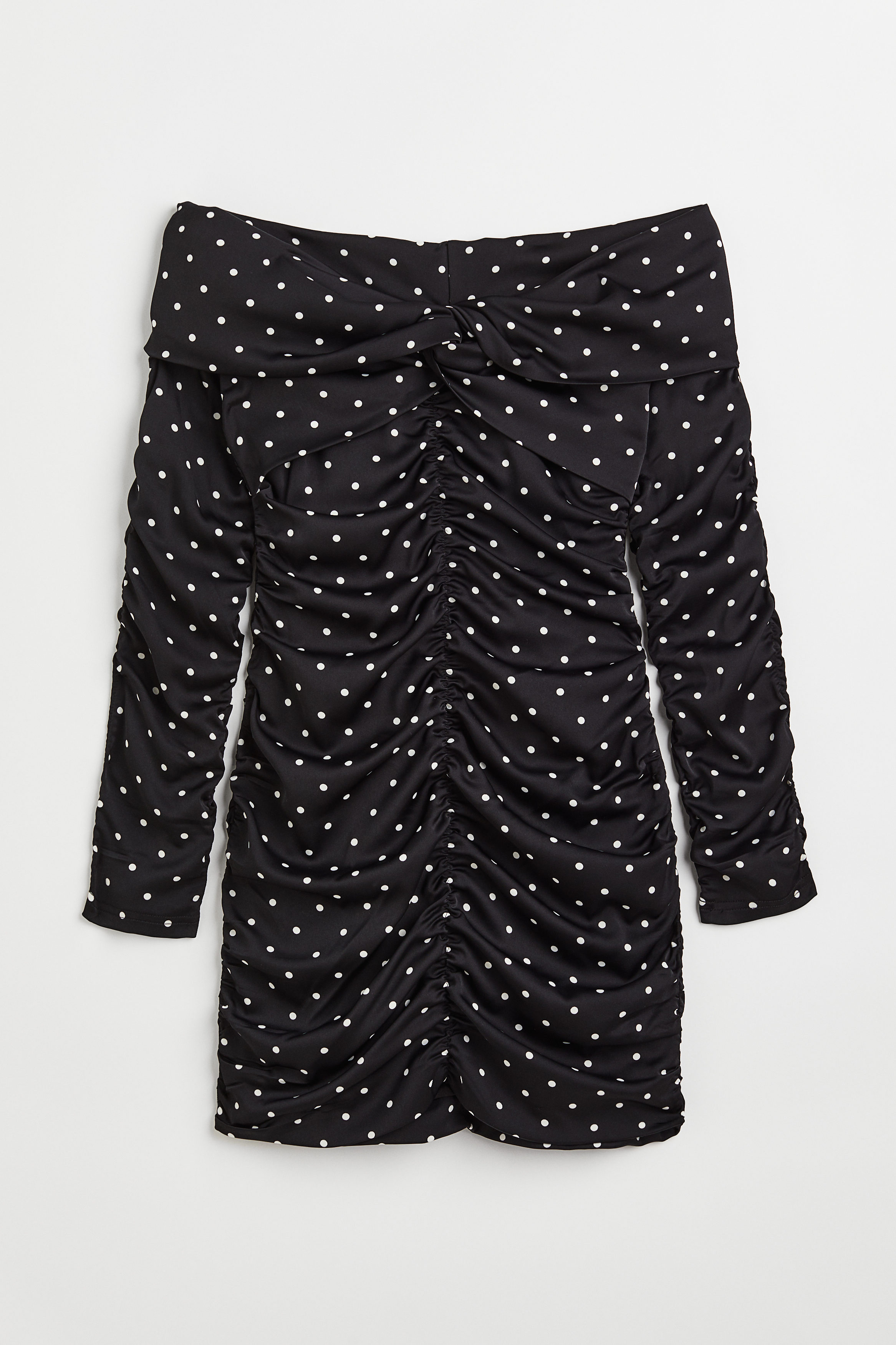 Billede af H&M Off Shoulder-kjole Med Rynkning Sort/prikket, Hverdagskjoler. Farve: Black/spotted I størrelse 50