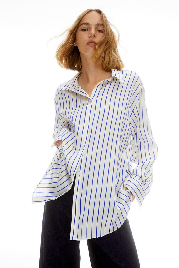 H&M Oversized Bluse Hvit/blå Stripet