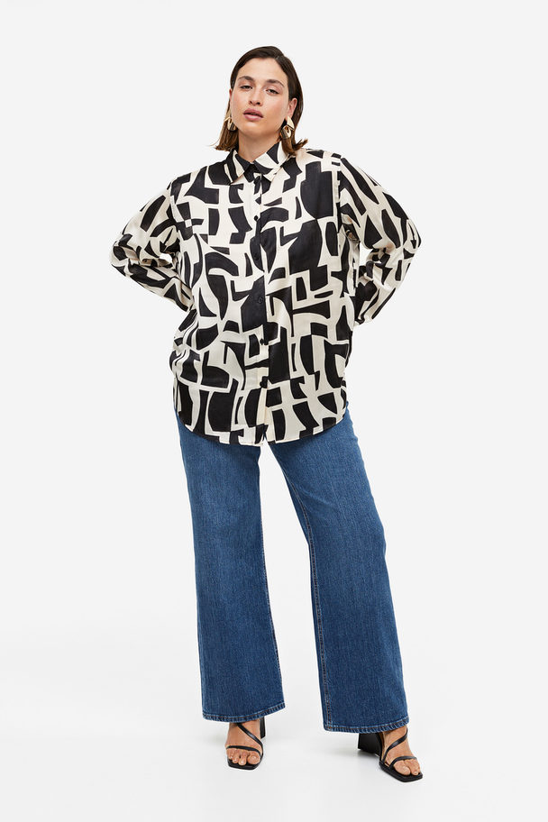 H&M Bluse in Oversize-Passform Cremefarben/Schwarz gemustert