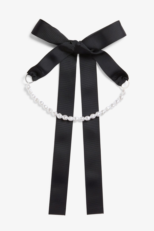 Monki Bow Choker Necklace Black W White Pearls