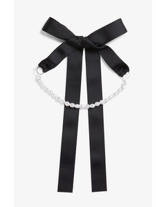 Bow Choker Necklace Black W White Pearls