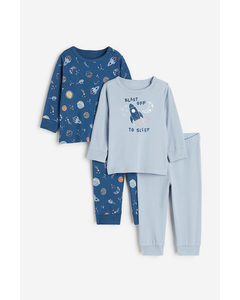 Set Van 2 Katoenen Pyjama's Met Print Blauw/heelal