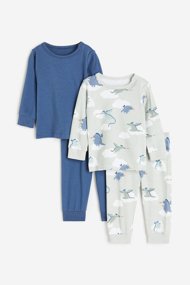 H&M 2-pack Pyjamas I Bomull Med Trykk Lys Grønn/dinosaurer