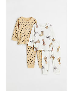 2-pack Printed Cotton Pyjamas Beige/animals