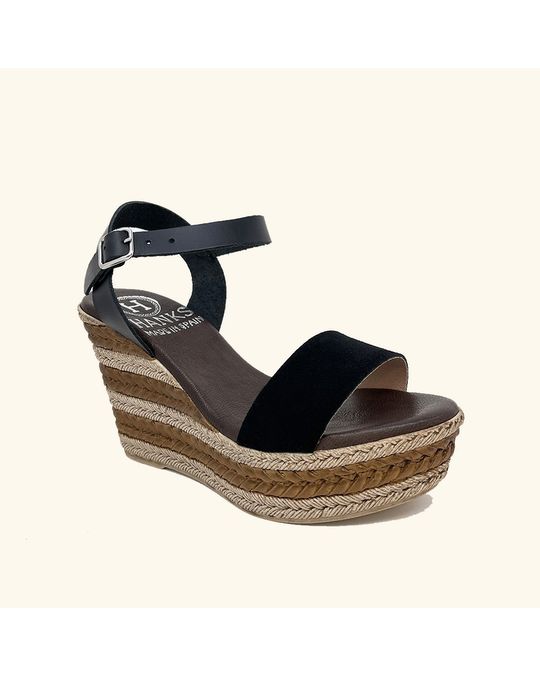 Hanks Zante Black Leather And Split Leather Wedge Sandals