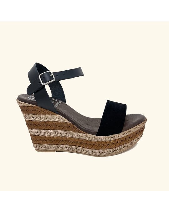Hanks Zante Black Leather And Split Leather Wedge Sandals