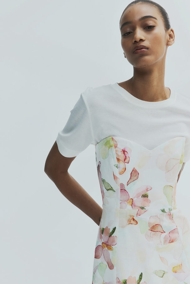 H&M Bandeau-Kleid aus Leinenmix Weiß/Geblümt