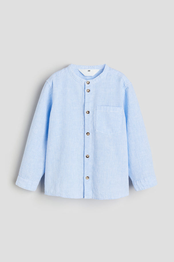 H&M Linen-blend Grandad Shirt Light Blue/striped