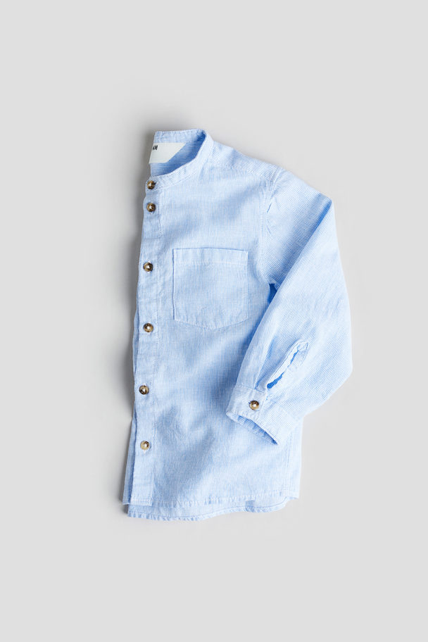 H&M Linen-blend Grandad Shirt Light Blue/striped