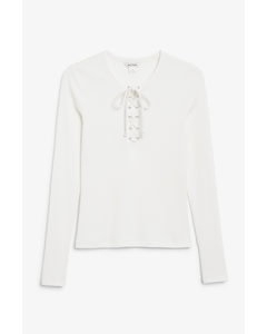 White Long Sleeve Top With Lace Tie Front White