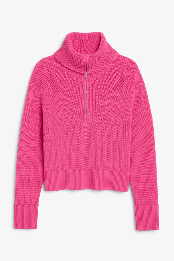 Monki Pink Half Zip Knit Sweater Hot Pink