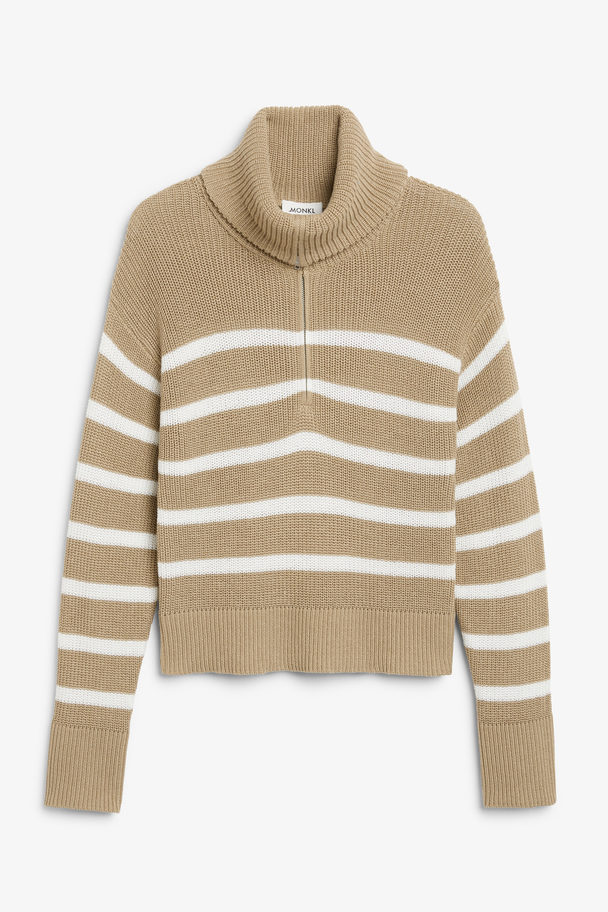 Monki White Striped Half Zip Knit Sweater Beige & White