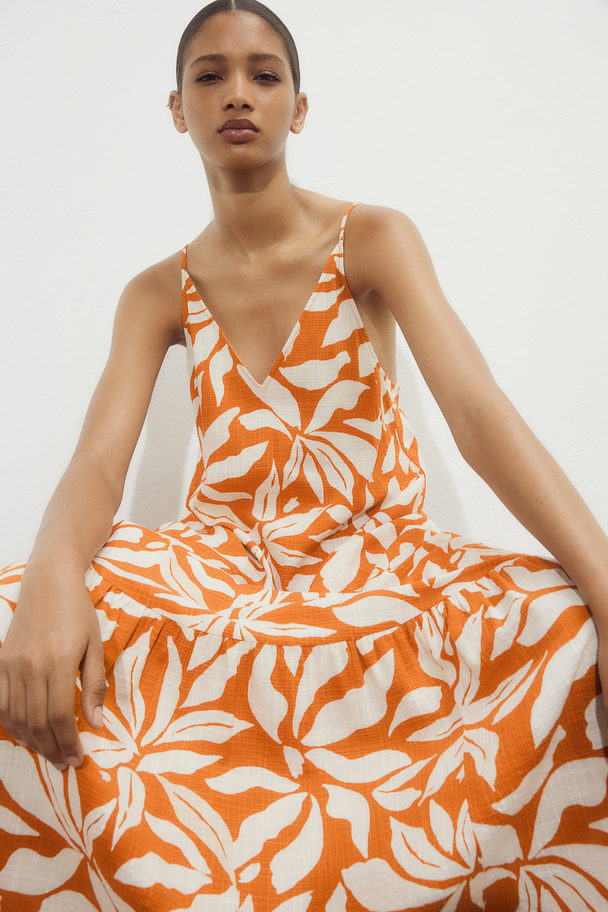 H&M Langes Kleid in A-Linie Orange/Gemustert