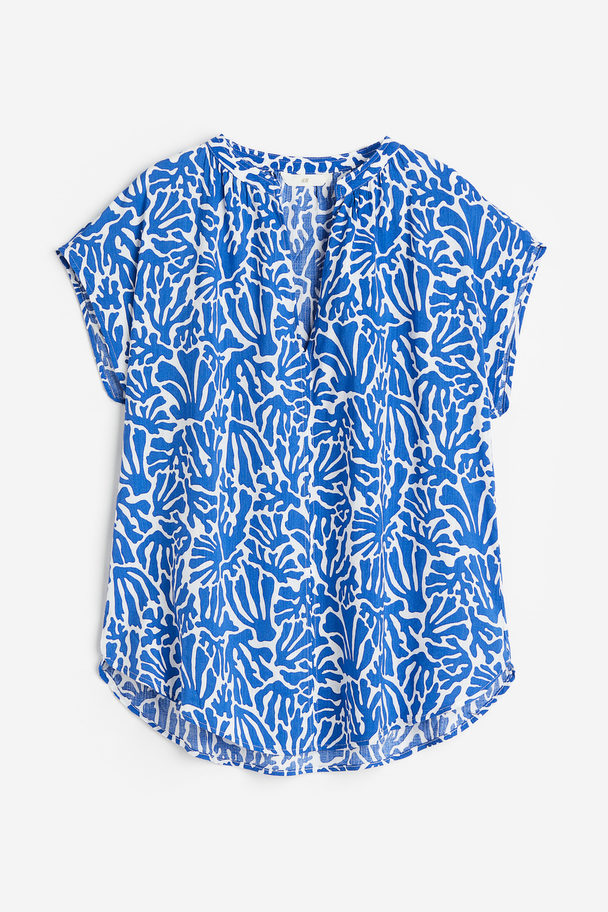 H&M Bluse mit V-Ausschnitt Knallblau/Gemustert