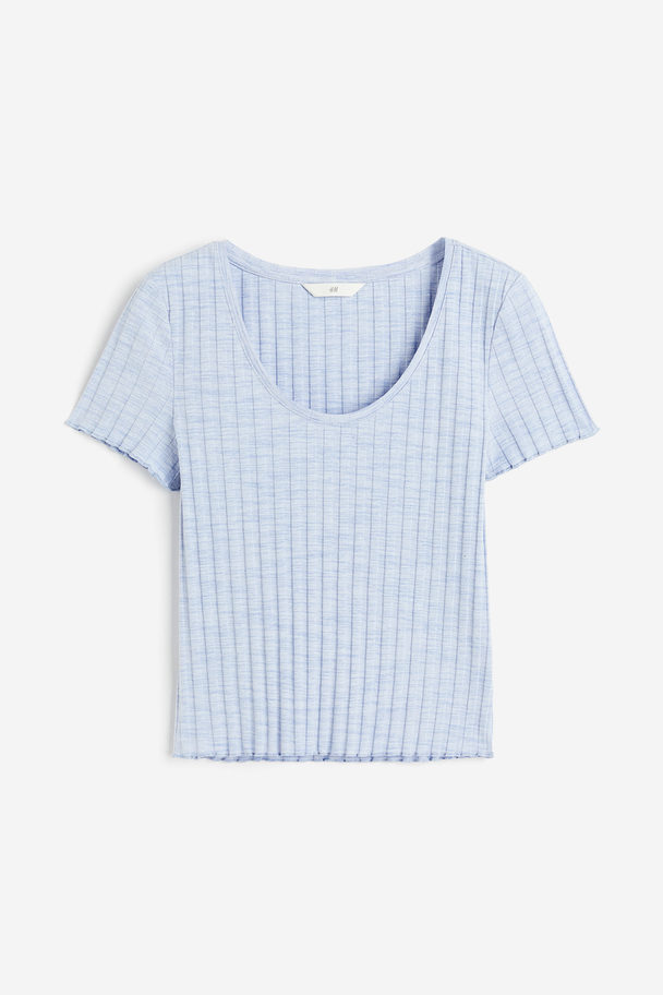 H&M Ribbed Deep-neck T-shirt Light Blue Marl