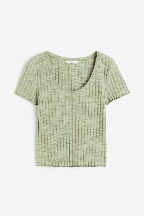 H&M Geripptes T-Shirt mit tiefem Ausschnitt Hellgrünmeliert