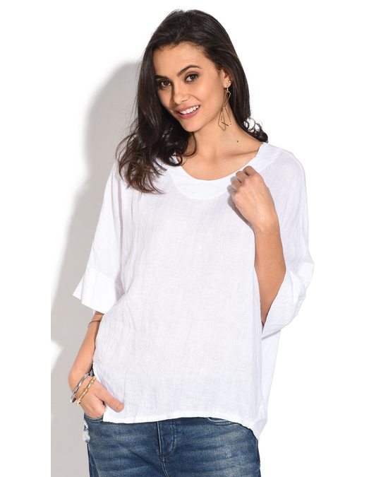 Le Jardin du Lin Bi-material Round Neck Top With Bat-sleeves