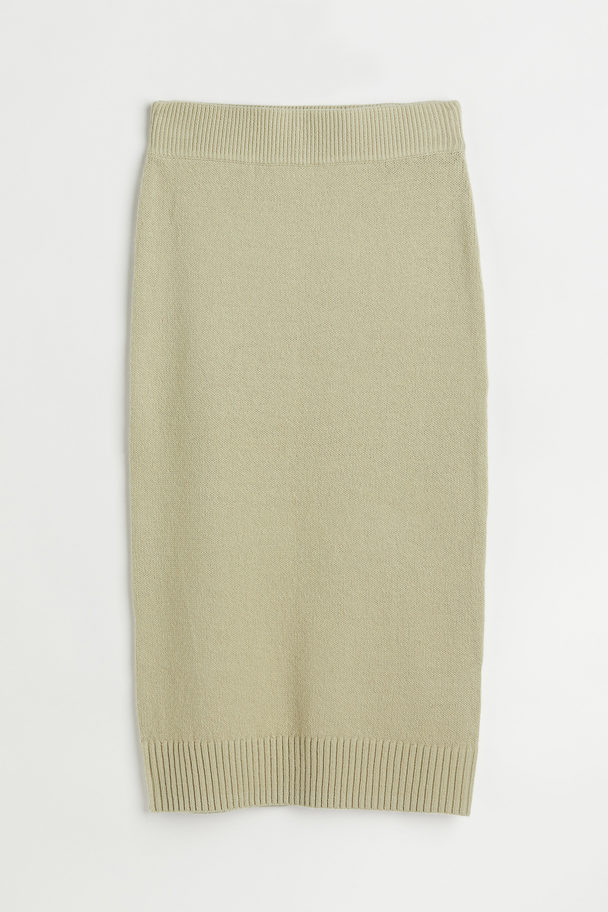 H&M Knitted Slit-hem Skirt Light Green-beige