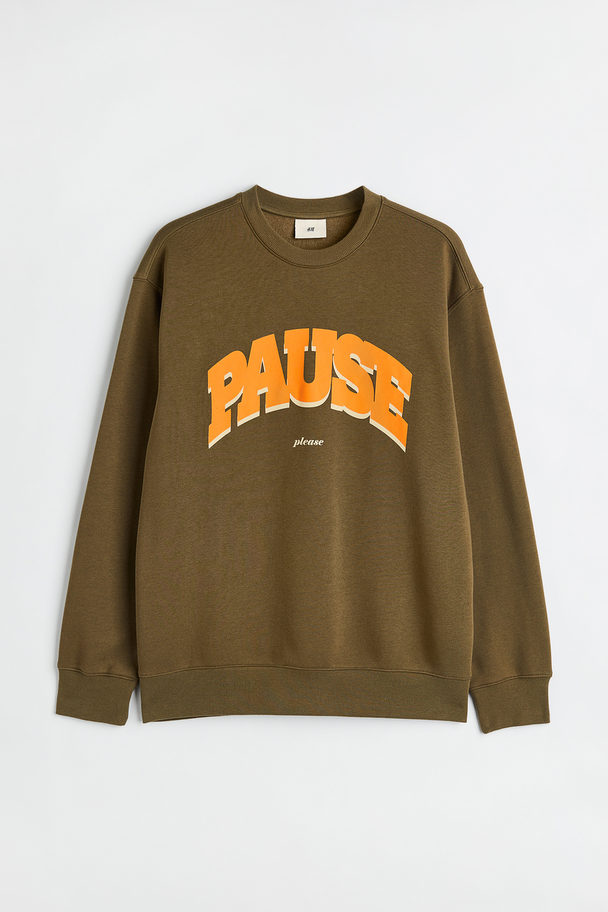 H&M Relaxed Fit Printed Sweatshirt Khaki Green/pause