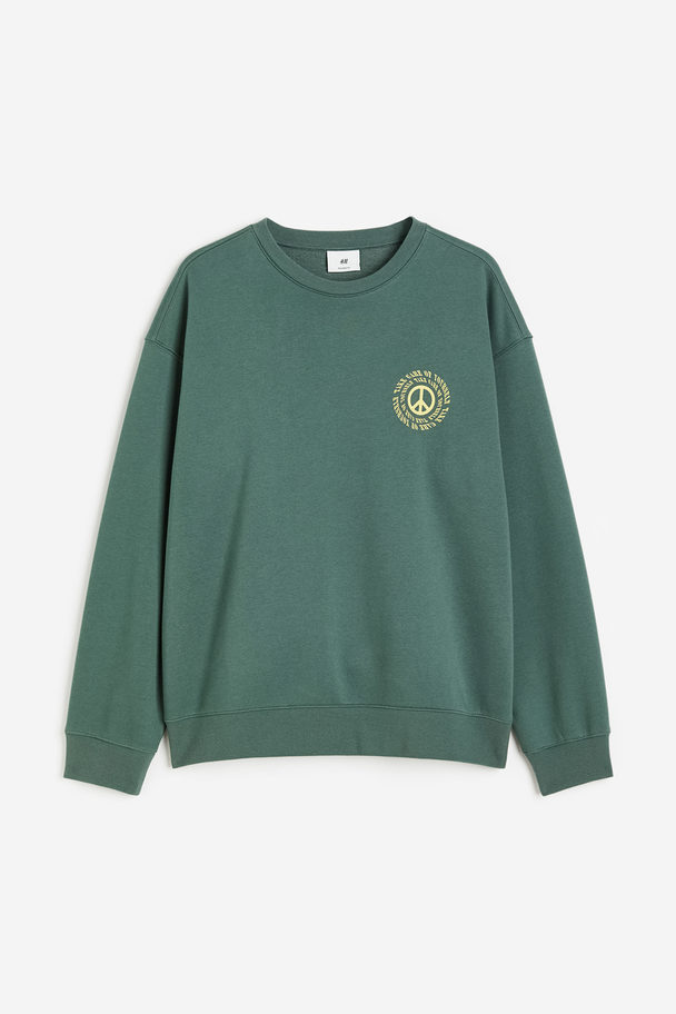 H&M Loose Fit Printed Sweatshirt Green/peace Symbol