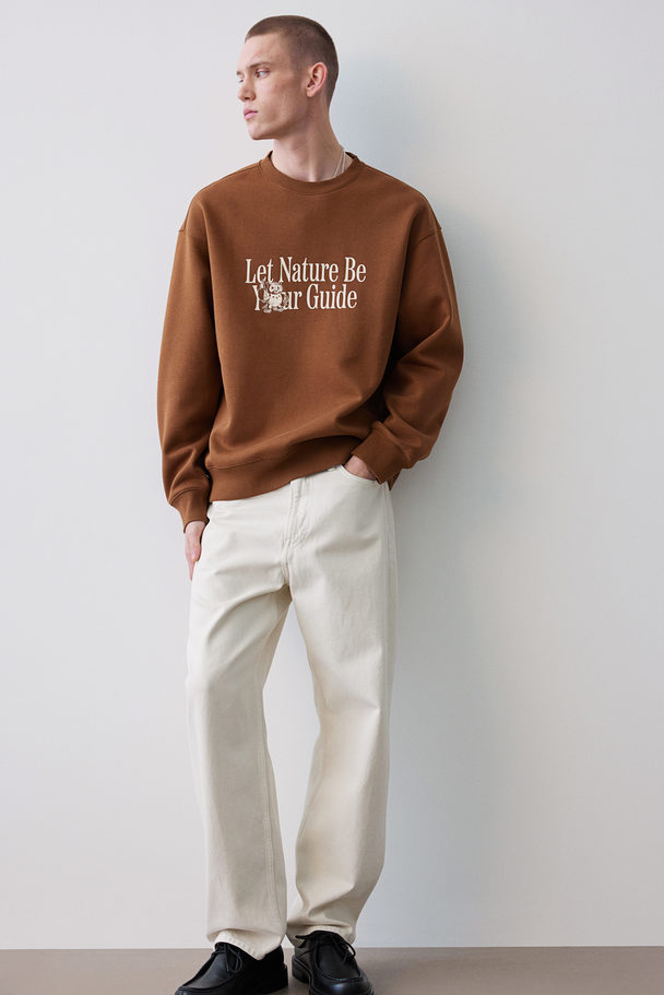 H&M Loose Fit Printed Sweatshirt Brown