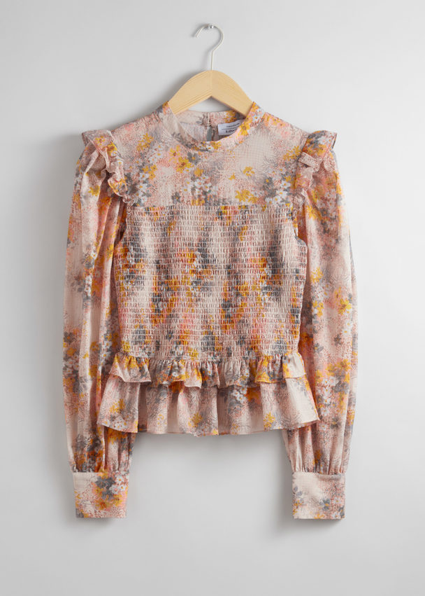 & Other Stories Smocked Frill Blouse Yellow/pink/beige