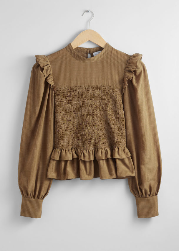 & Other Stories Smocked Frill Blouse Dark Beige