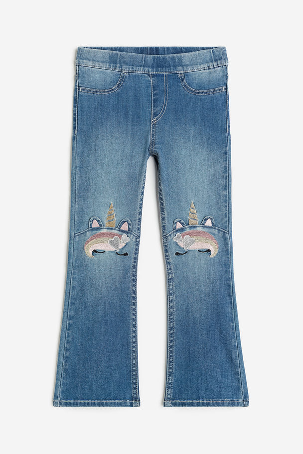 H&M Superstretch Flared Leg Jeans Light Denim Blue/unicorns