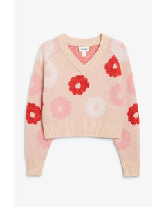 Pink Knitted V-neck Sweater Flower Garden